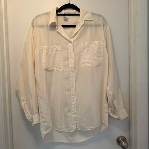 Naked Silk 100% Silk Button Down Blouse Cream Oversized Pocket Shirt Size L